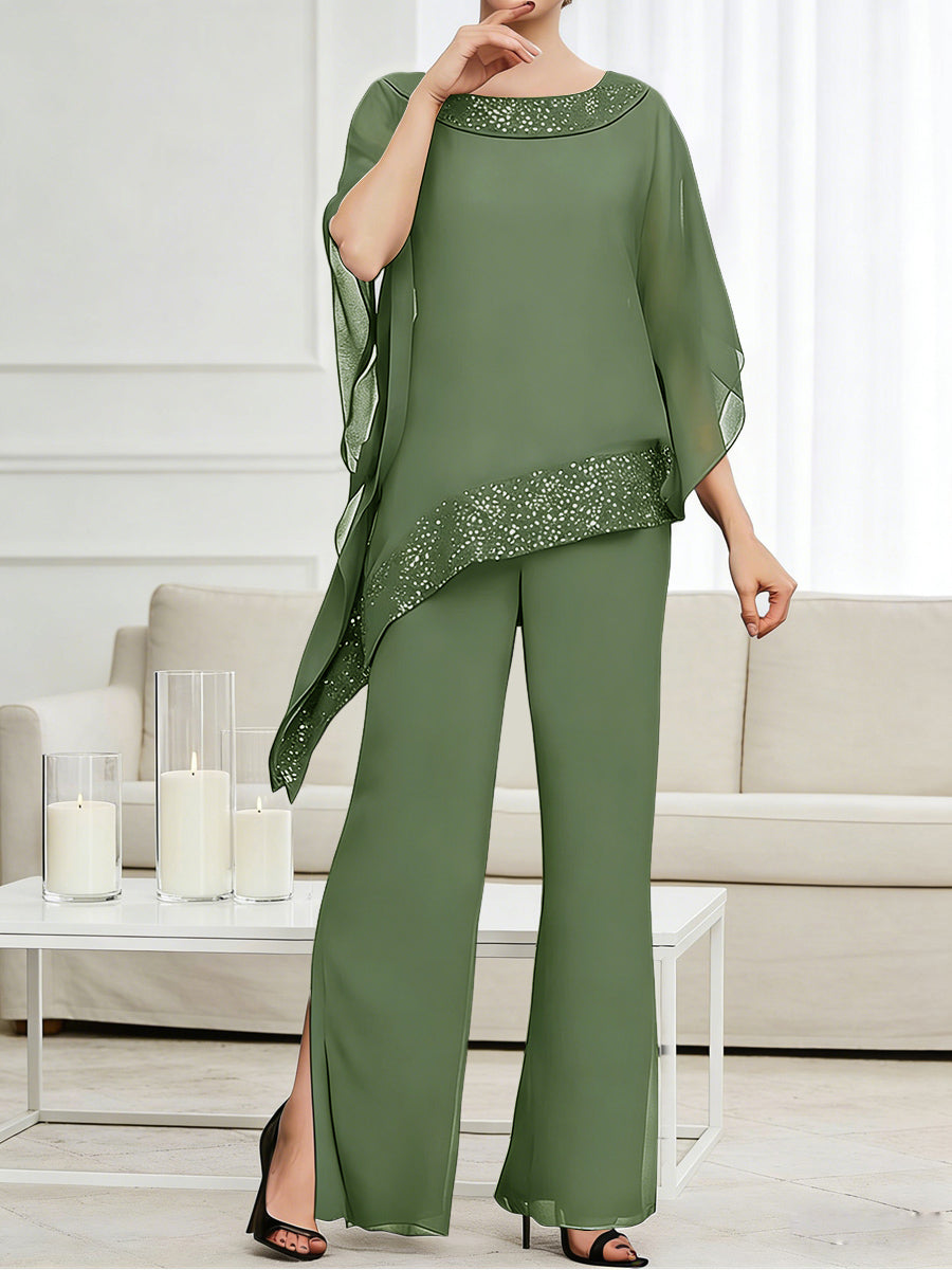 Pantsuits Separates Scoop Neck Sequins Asymmetrical Ankle-Length Mother of the Bride Dress with Slit