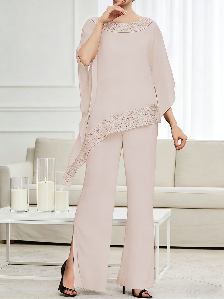 Pantsuits Separates Scoop Neck Sequins Asymmetrical Ankle-Length Mother of the Bride Dress with Slit