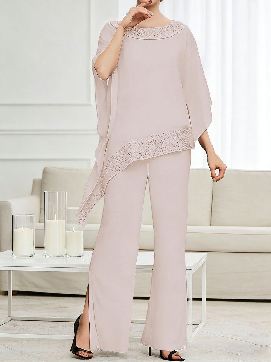 Pantsuits Separates Scoop Neck Sequins Asymmetrical Ankle-Length Mother of the Bride Dress with Slit