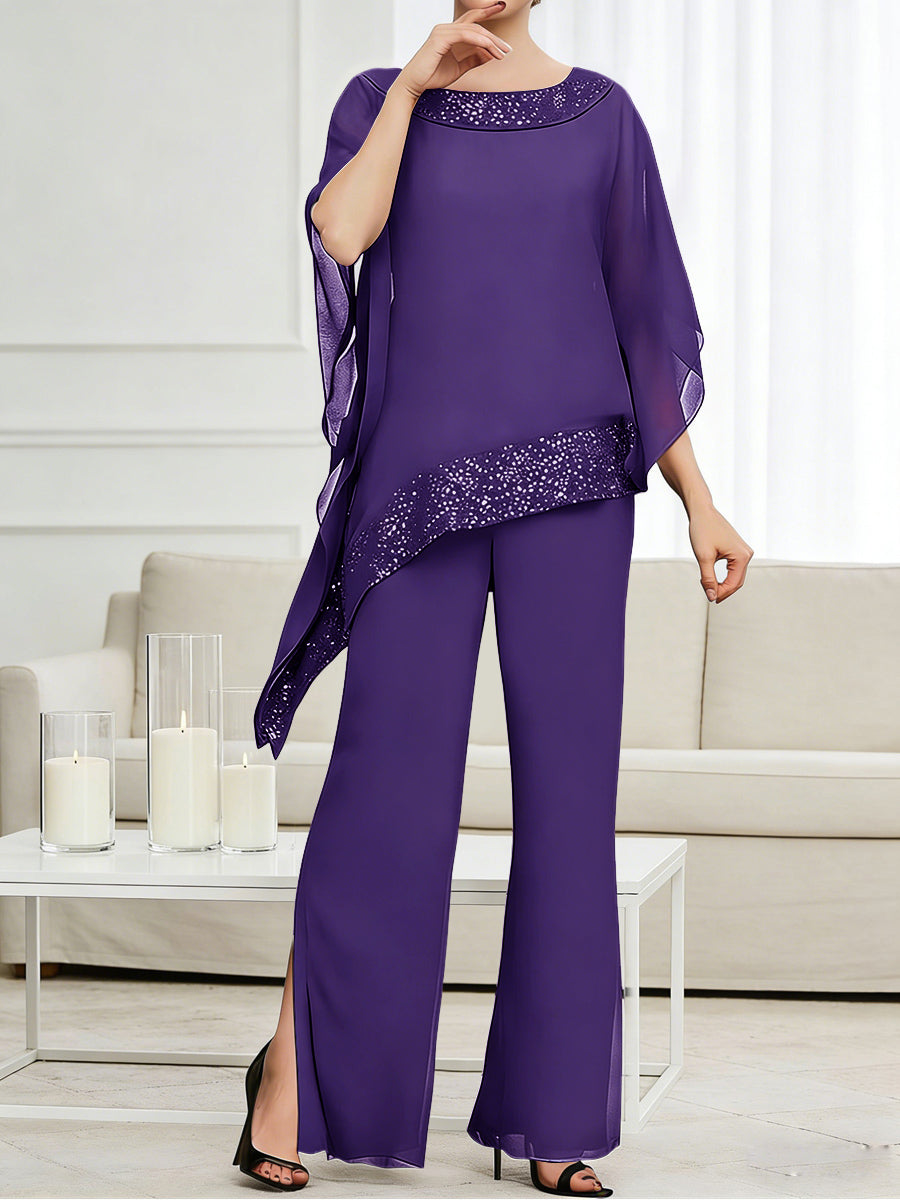 Pantsuits Separates Scoop Neck Sequins Asymmetrical Ankle-Length Mother of the Bride Dress with Slit