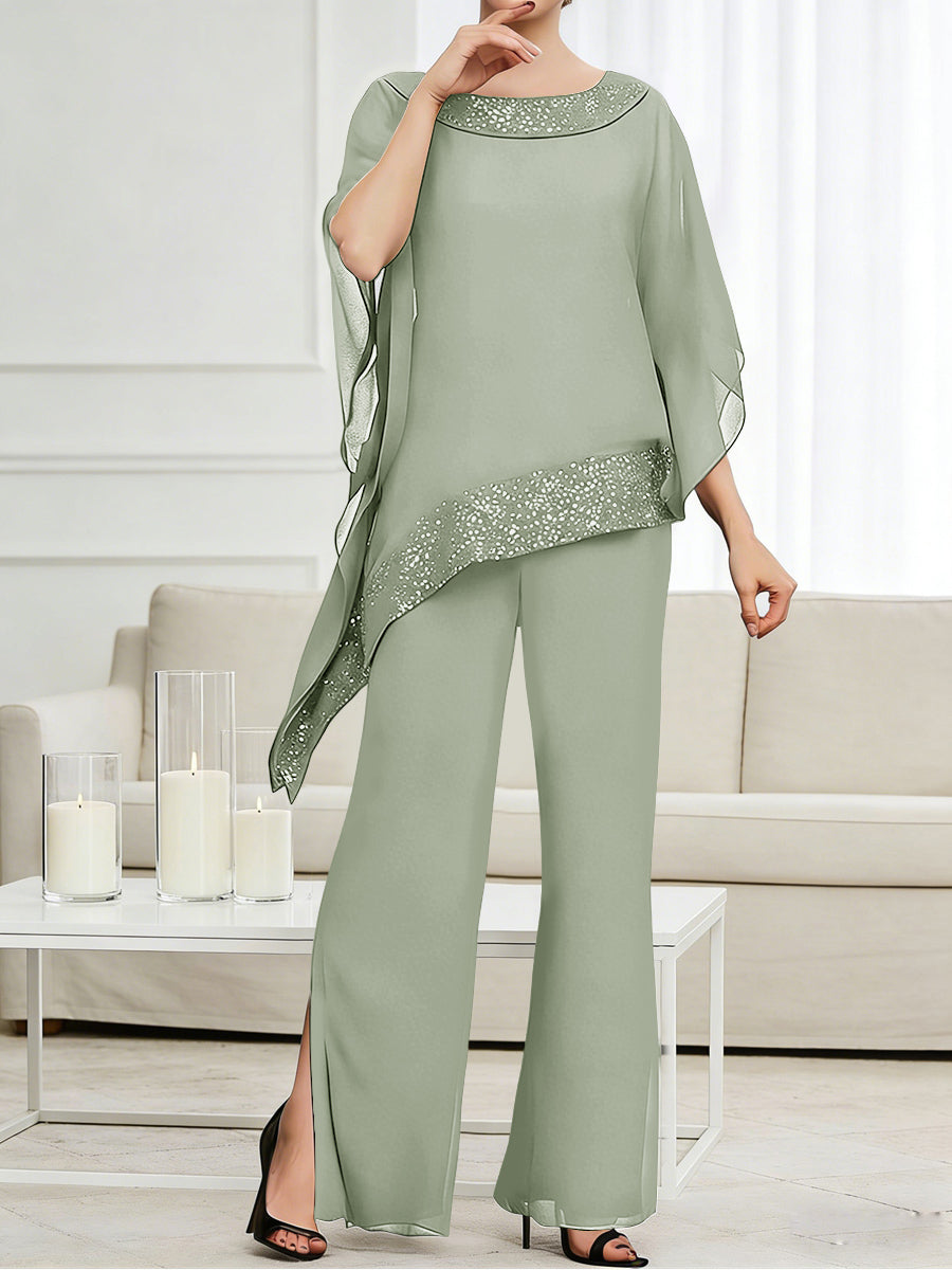 Pantsuits Separates Scoop Neck Sequins Asymmetrical Ankle-Length Mother of the Bride Dress with Slit