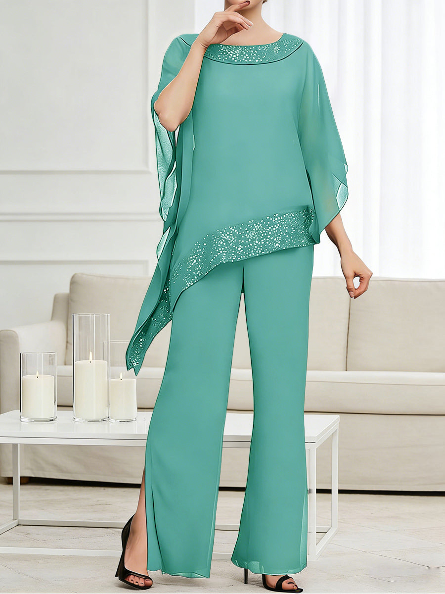 Pantsuits Separates Scoop Neck Sequins Asymmetrical Ankle-Length Mother of the Bride Dress with Slit