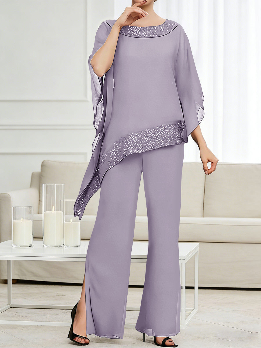 Pantsuits Separates Scoop Neck Sequins Asymmetrical Ankle-Length Mother of the Bride Dress with Slit