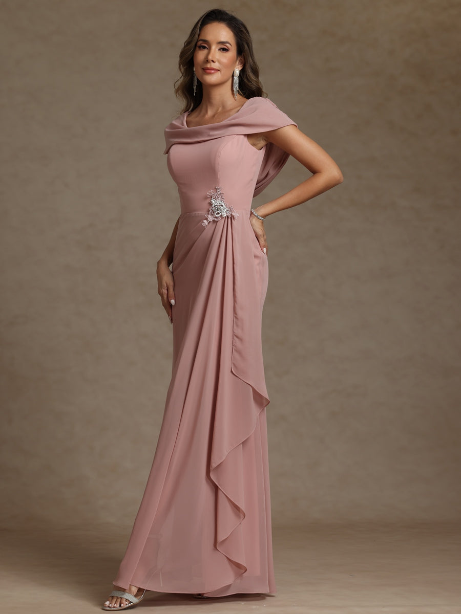 Sheath/Column Asymmetrical Cape Sleeves Floor-Length Mother of the Bride Dresses with Ruffle
