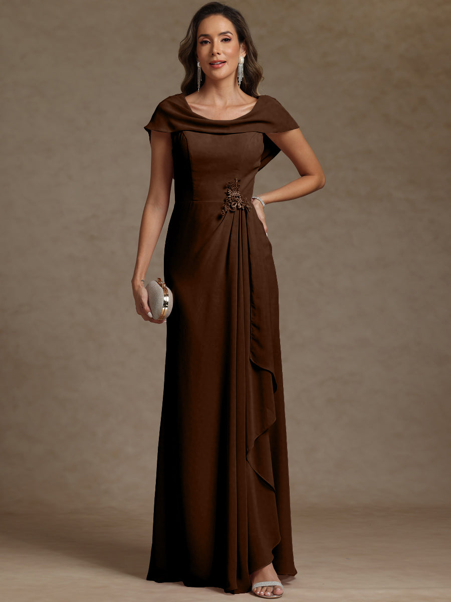 Sheath/Column Asymmetrical Cape Sleeves Floor-Length Mother of the Bride Dresses with Ruffle