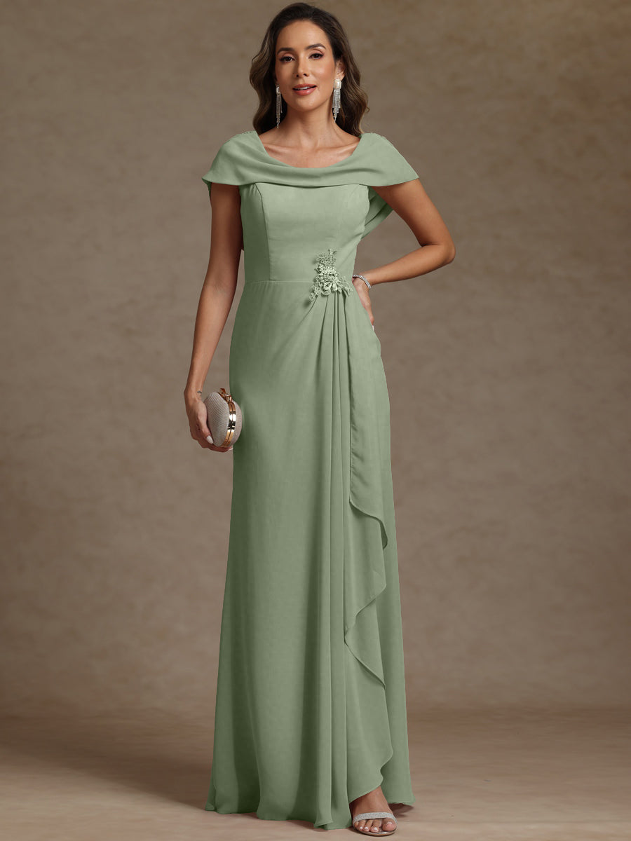 Sheath/Column Asymmetrical Cape Sleeves Floor-Length Mother of the Bride Dresses with Ruffle