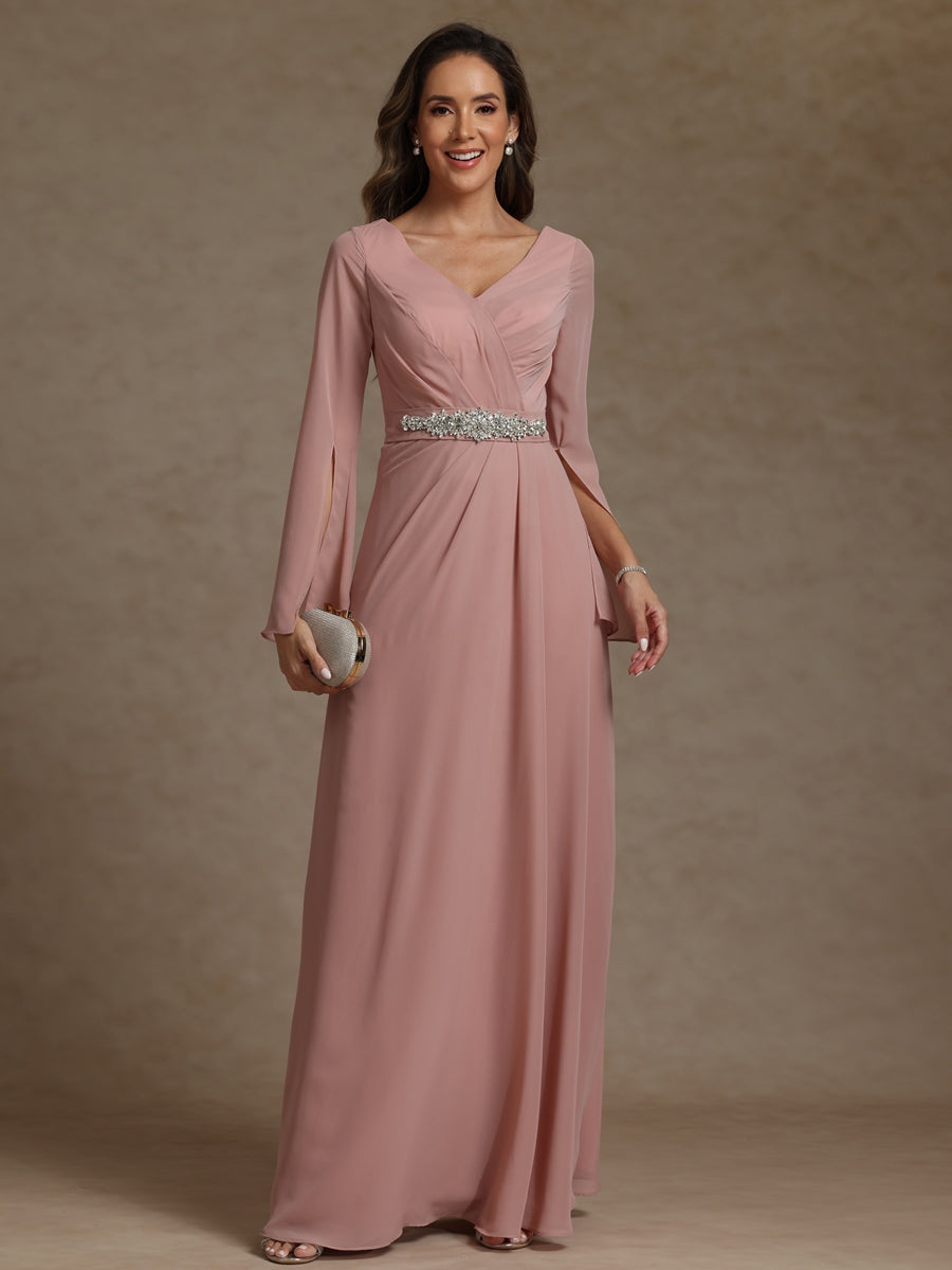 Sheath/Column V-Neck Long Sleeves Floor-Length Mother of the Bride Dresses