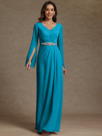 Sheath/Column V-Neck Long Sleeves Floor-Length Mother of the Bride Dresses