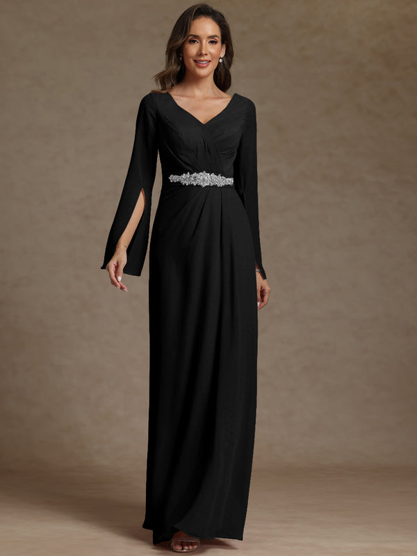 Sheath/Column V-Neck Long Sleeves Floor-Length Mother of the Bride Dresses