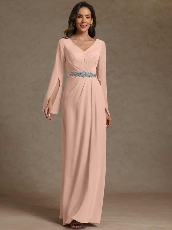 Sheath/Column V-Neck Long Sleeves Floor-Length Mother of the Bride Dresses