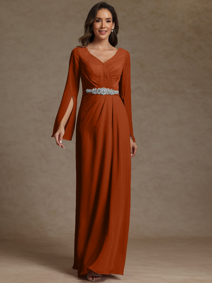 Sheath/Column V-Neck Long Sleeves Floor-Length Mother of the Bride Dresses