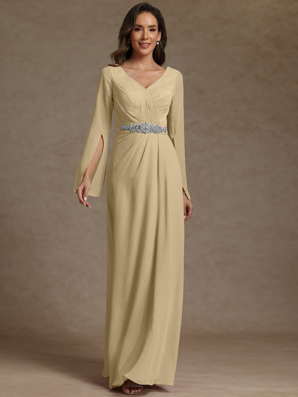 Sheath/Column V-Neck Long Sleeves Floor-Length Mother of the Bride Dresses