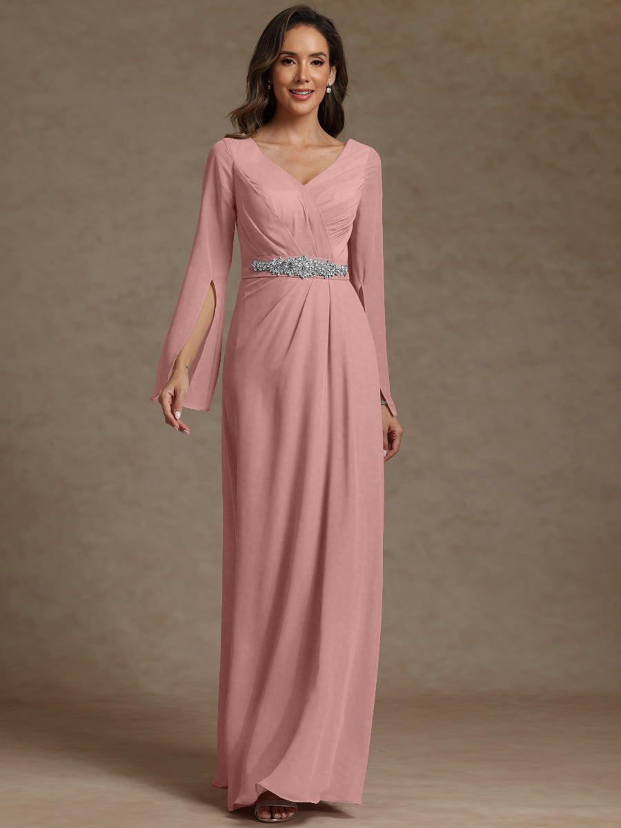 Sheath/Column V-Neck Long Sleeves Floor-Length Mother of the Bride Dresses