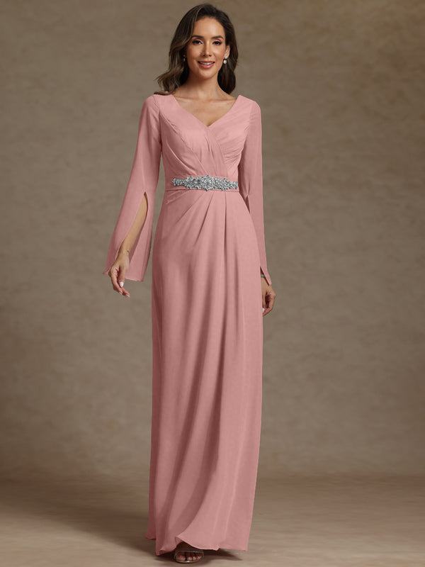 Sheath/Column V-Neck Long Sleeves Floor-Length Mother of the Bride Dresses
