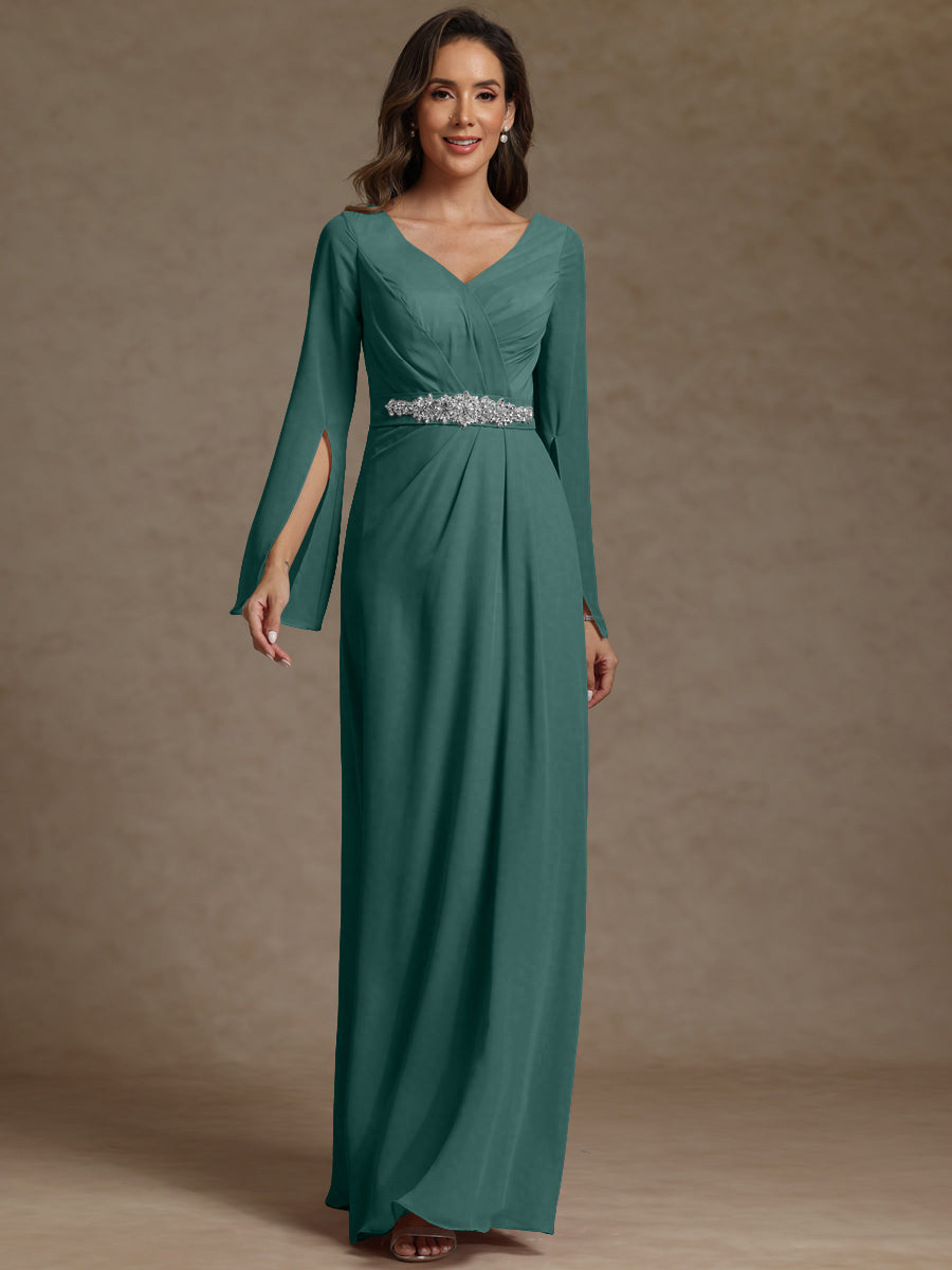 Sheath/Column V-Neck Long Sleeves Floor-Length Mother of the Bride Dresses