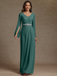 Sheath/Column V-Neck Long Sleeves Floor-Length Mother of the Bride Dresses