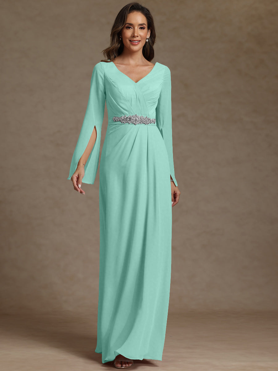 Sheath/Column V-Neck Long Sleeves Floor-Length Mother of the Bride Dresses