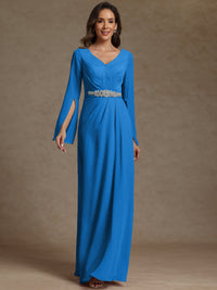 Sheath/Column V-Neck Long Sleeves Floor-Length Mother of the Bride Dresses