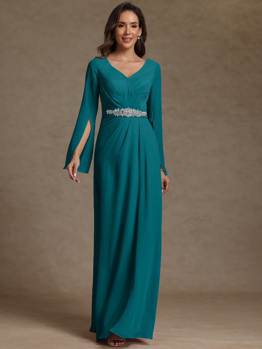 Sheath/Column V-Neck Long Sleeves Floor-Length Mother of the Bride Dresses