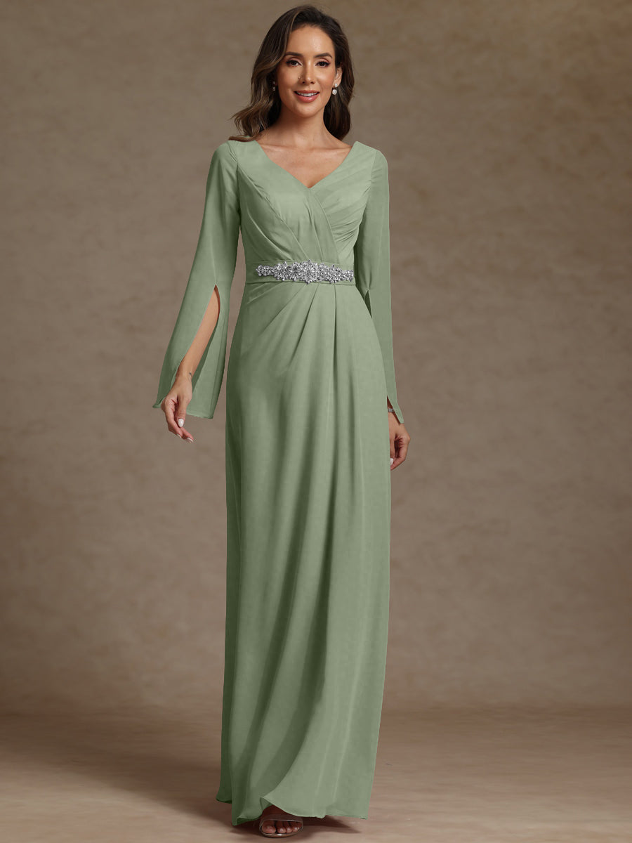 Sheath/Column V-Neck Long Sleeves Floor-Length Mother of the Bride Dresses