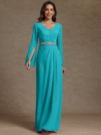 Sheath/Column V-Neck Long Sleeves Floor-Length Mother of the Bride Dresses