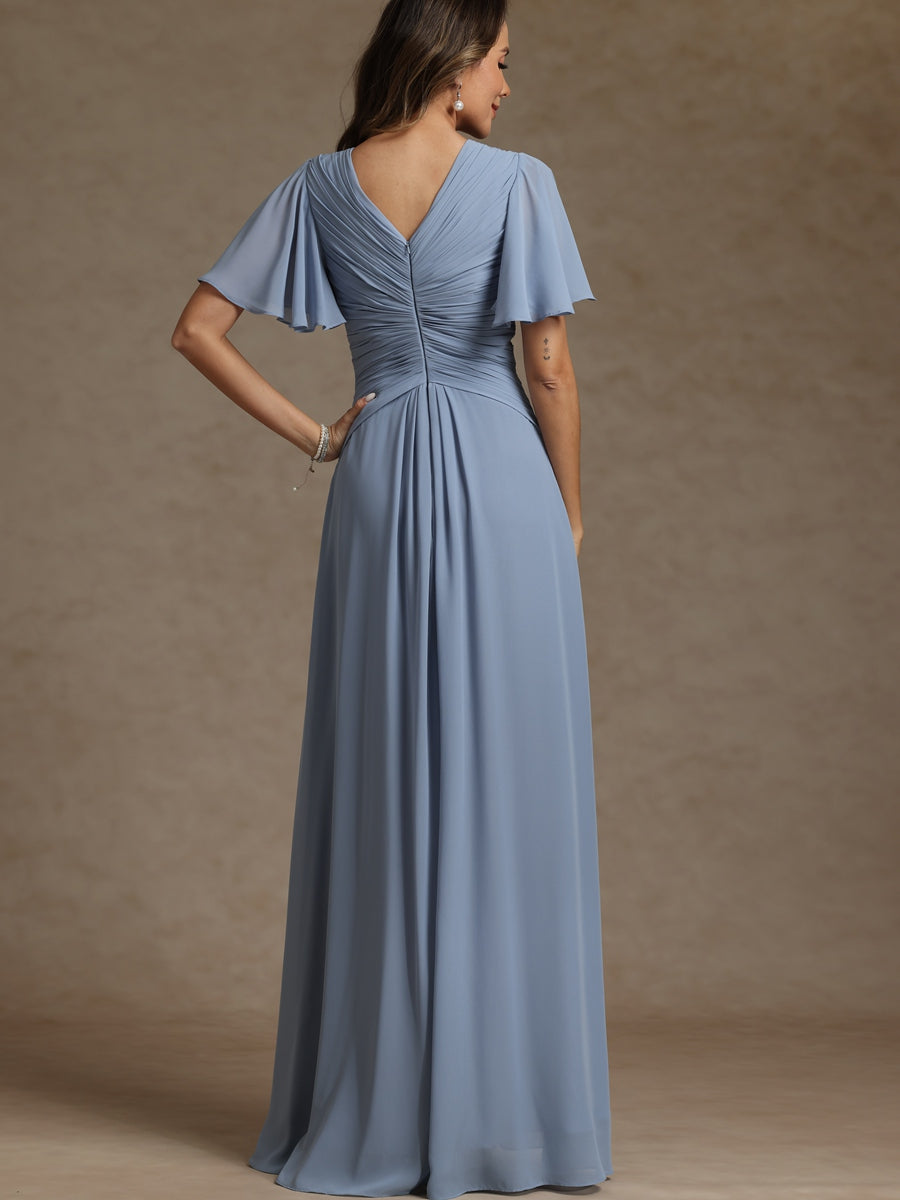 A-Line/Princess V-Neck Flying Sleeves Floor-Length Mother of the Bride Dresses with Pleats