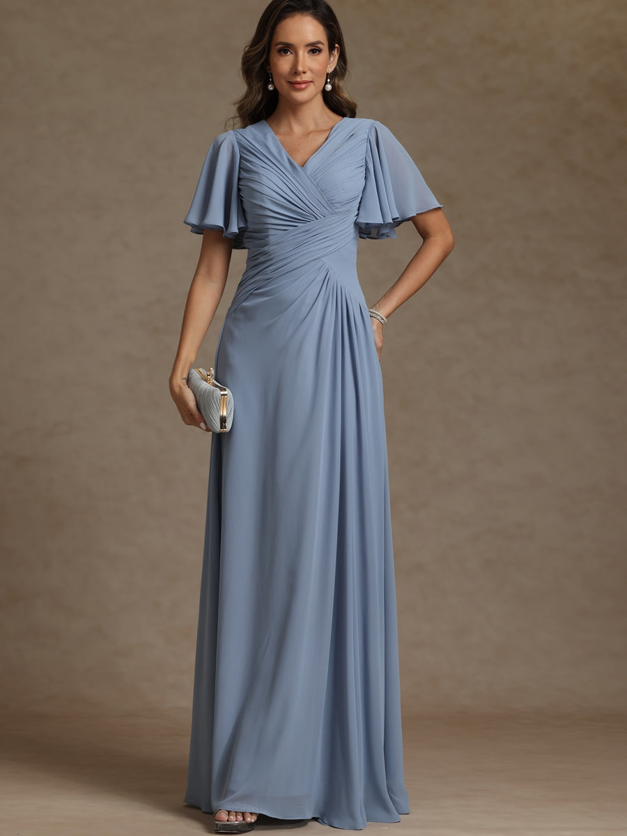 A-Line/Princess V-Neck Flying Sleeves Floor-Length Mother of the Bride Dresses with Pleats