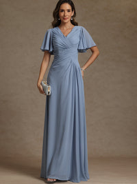 A-Line/Princess V-Neck Flying Sleeves Floor-Length Mother of the Bride Dresses with Pleats