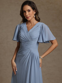 A-Line/Princess V-Neck Flying Sleeves Floor-Length Mother of the Bride Dresses with Pleats