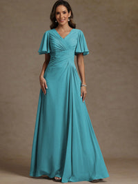 A-Line/Princess V-Neck Flying Sleeves Floor-Length Mother of the Bride Dresses with Pleats