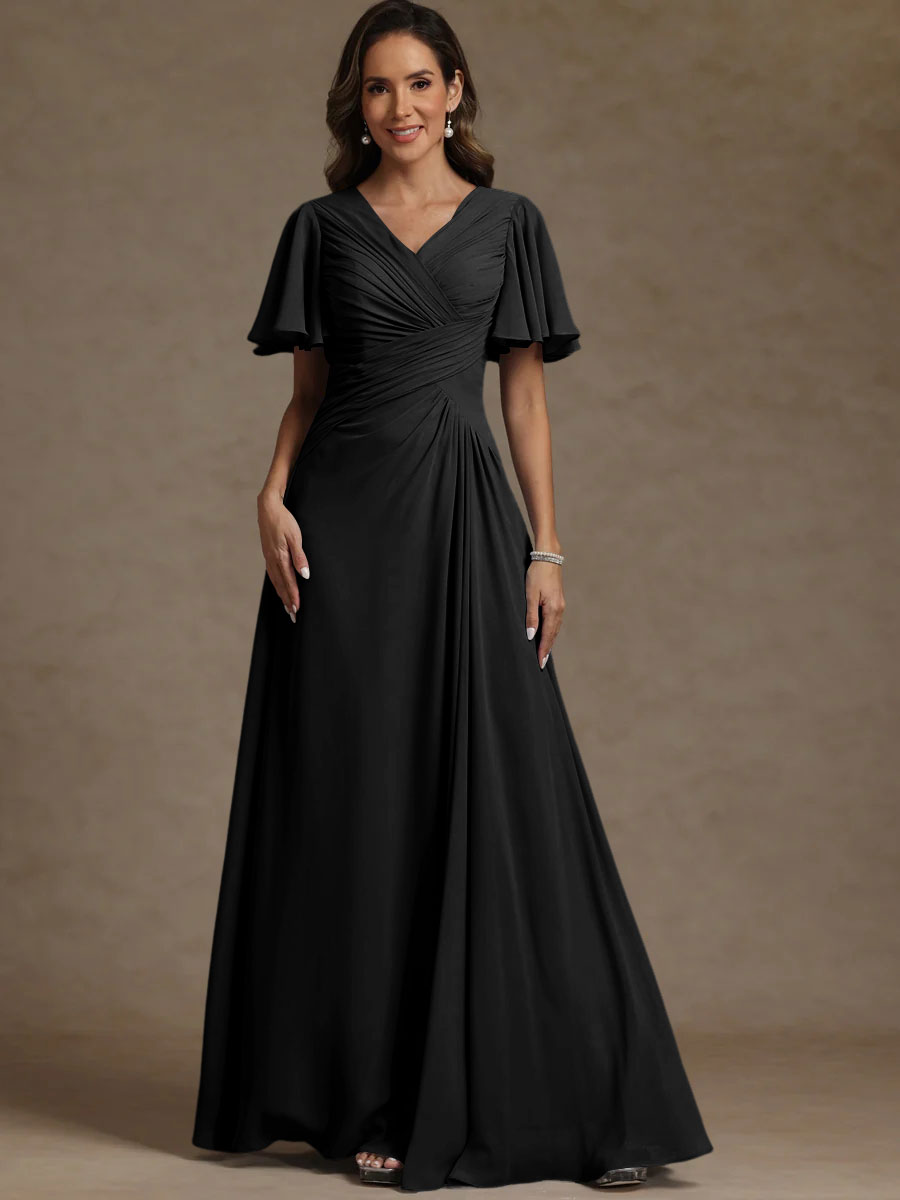 A-Line/Princess V-Neck Flying Sleeves Floor-Length Mother of the Bride Dresses with Pleats