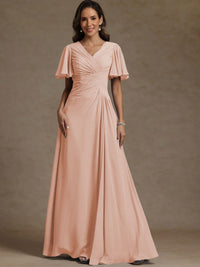 A-Line/Princess V-Neck Flying Sleeves Floor-Length Mother of the Bride Dresses with Pleats