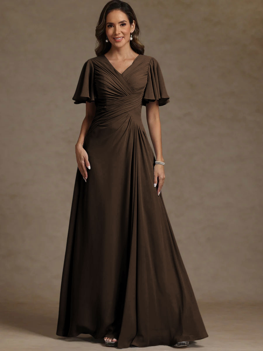 A-Line/Princess V-Neck Flying Sleeves Floor-Length Mother of the Bride Dresses with Pleats
