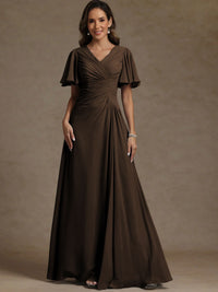 A-Line/Princess V-Neck Flying Sleeves Floor-Length Mother of the Bride Dresses with Pleats