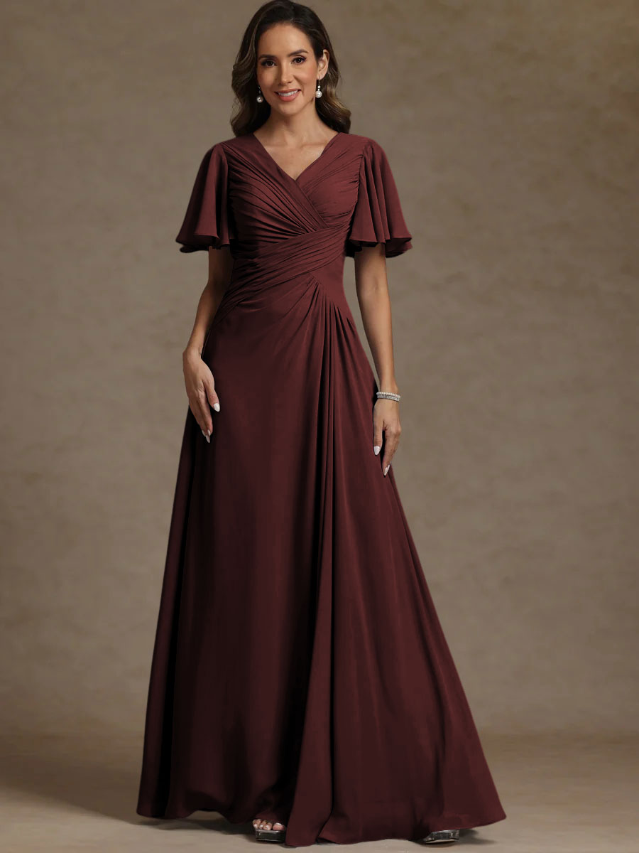 A-Line/Princess V-Neck Flying Sleeves Floor-Length Mother of the Bride Dresses with Pleats