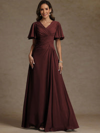 A-Line/Princess V-Neck Flying Sleeves Floor-Length Mother of the Bride Dresses with Pleats