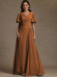 A-Line/Princess V-Neck Flying Sleeves Floor-Length Mother of the Bride Dresses with Pleats
