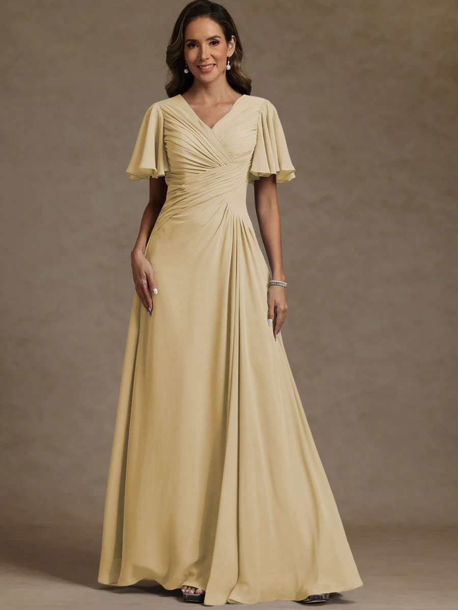A-Line/Princess V-Neck Flying Sleeves Floor-Length Mother of the Bride Dresses with Pleats