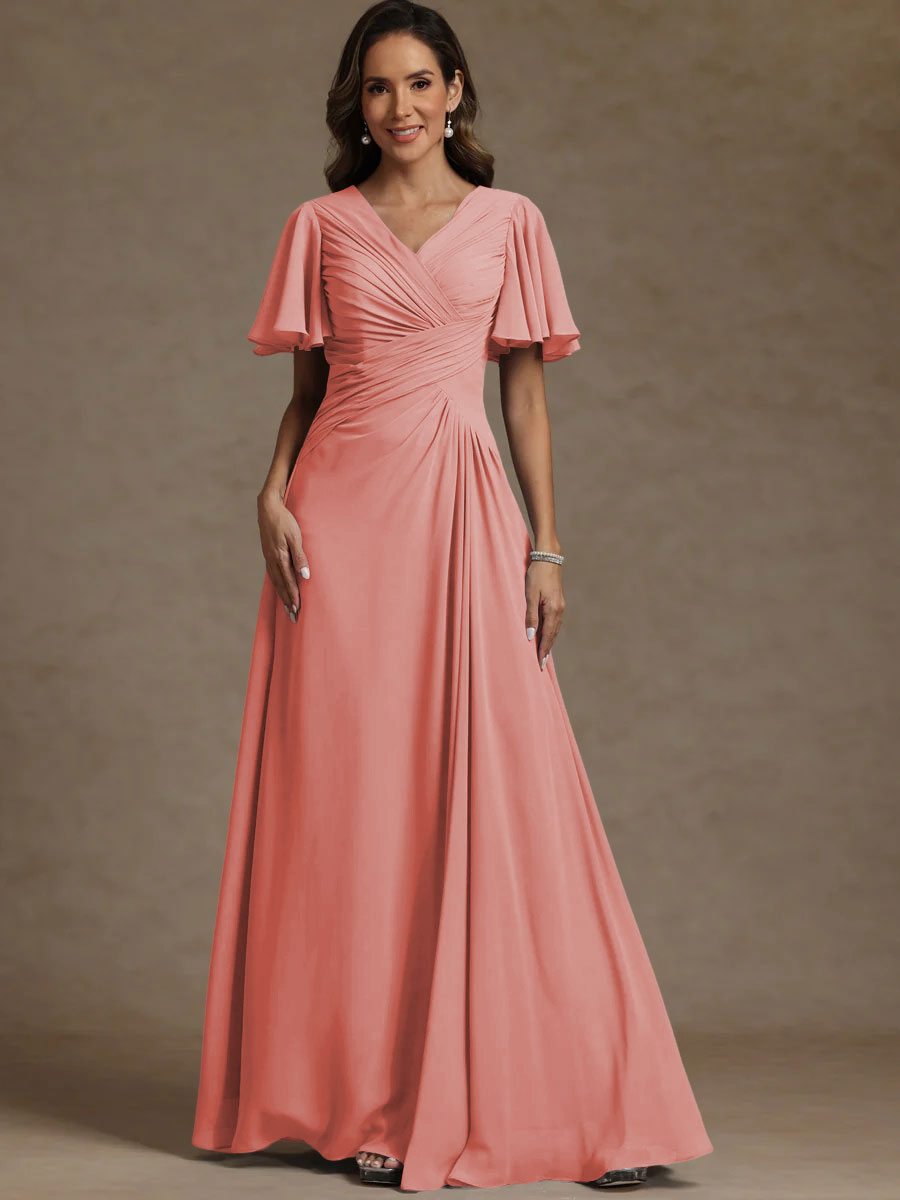 A-Line/Princess V-Neck Flying Sleeves Floor-Length Mother of the Bride Dresses with Pleats