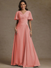 A-Line/Princess V-Neck Flying Sleeves Floor-Length Mother of the Bride Dresses with Pleats