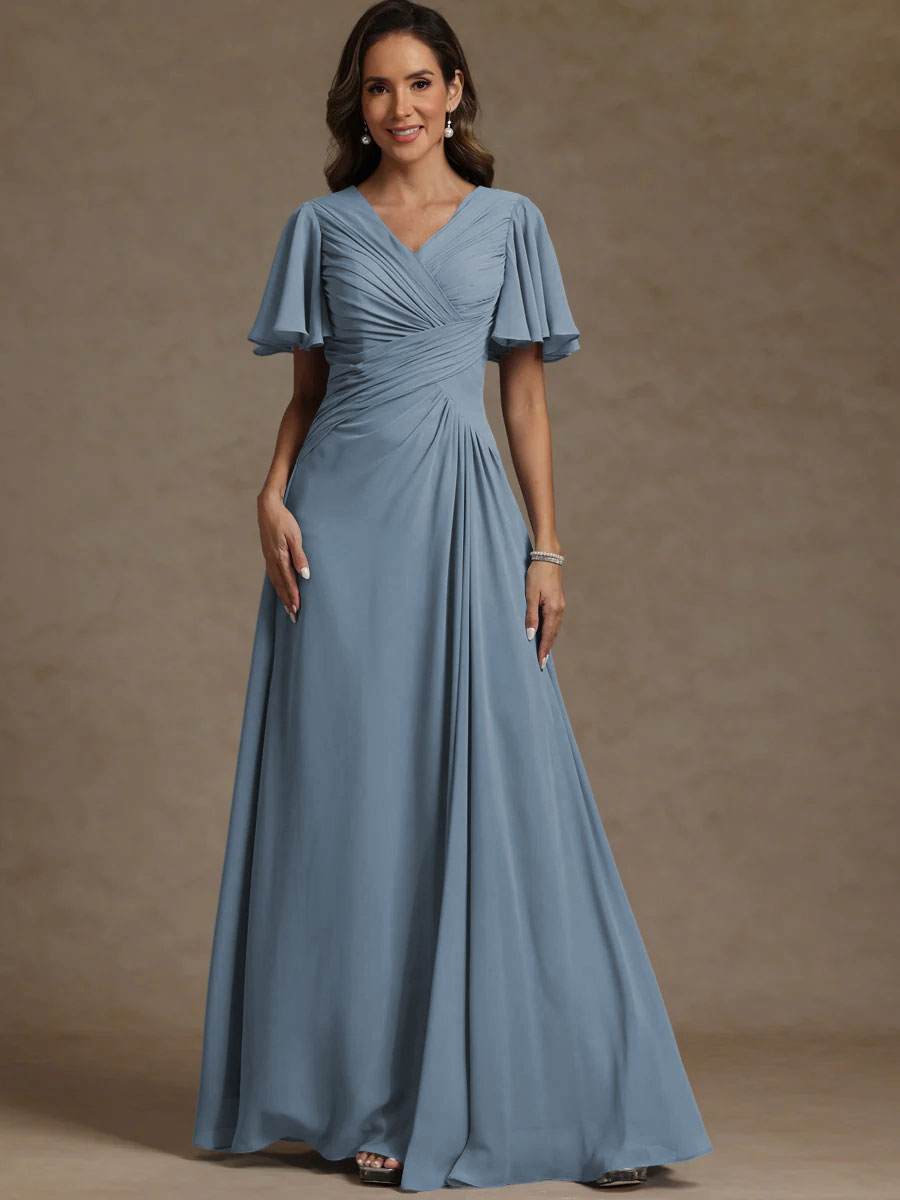 A-Line/Princess V-Neck Flying Sleeves Floor-Length Mother of the Bride Dresses with Pleats