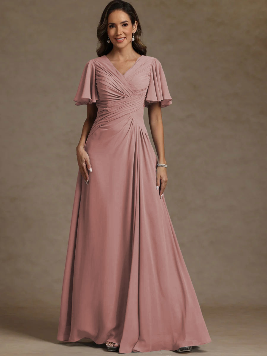 A-Line/Princess V-Neck Flying Sleeves Floor-Length Mother of the Bride Dresses with Pleats