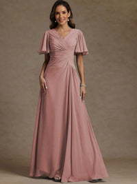 A-Line/Princess V-Neck Flying Sleeves Floor-Length Mother of the Bride Dresses with Pleats