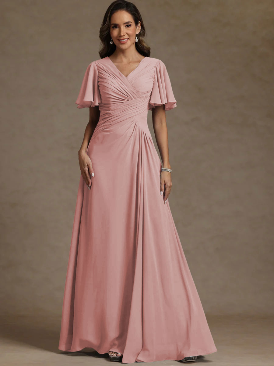 A-Line/Princess V-Neck Flying Sleeves Floor-Length Mother of the Bride Dresses with Pleats