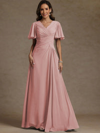 A-Line/Princess V-Neck Flying Sleeves Floor-Length Mother of the Bride Dresses with Pleats