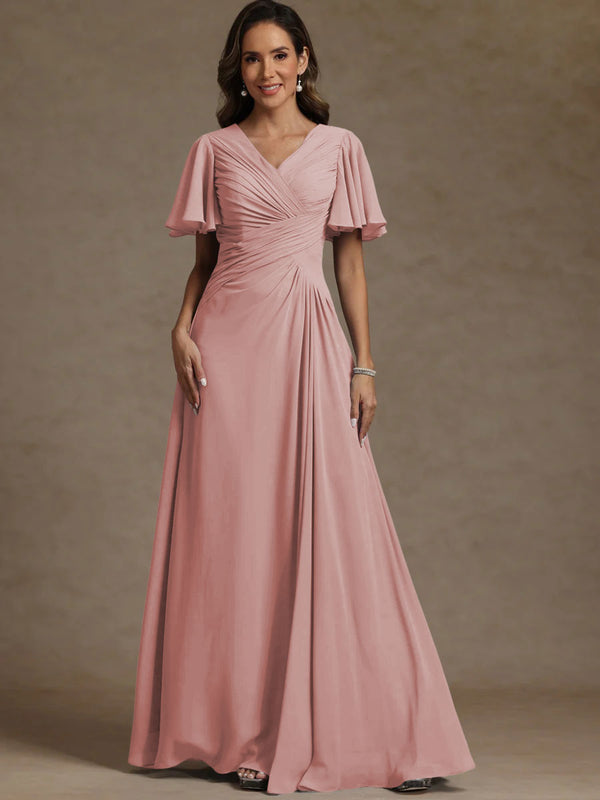 A-Line/Princess V-Neck Flying Sleeves Floor-Length Mother of the Bride Dresses with Pleats
