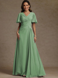 A-Line/Princess V-Neck Flying Sleeves Floor-Length Mother of the Bride Dresses with Pleats