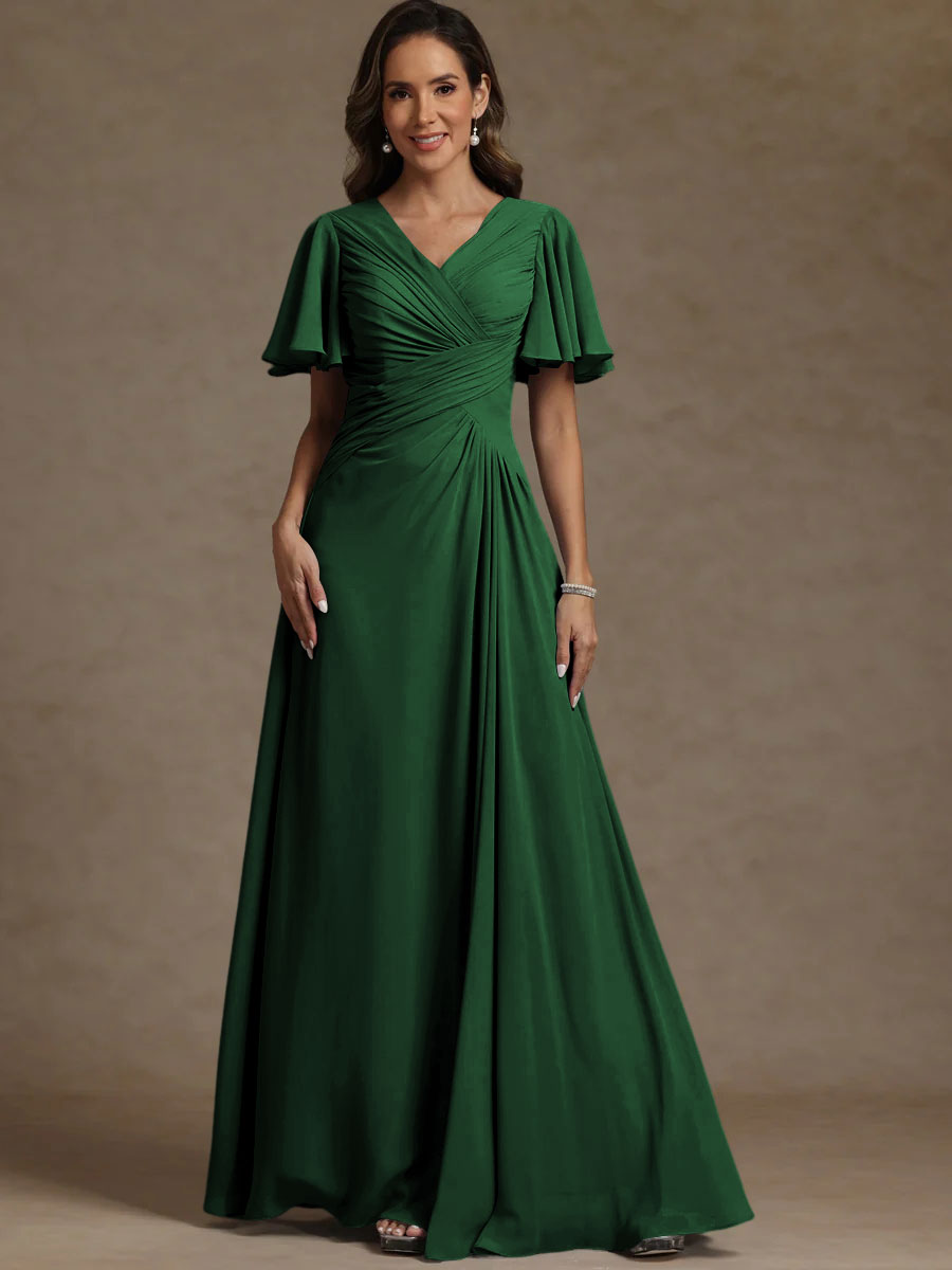 A-Line/Princess V-Neck Flying Sleeves Floor-Length Mother of the Bride Dresses with Pleats