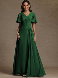 A-Line/Princess V-Neck Flying Sleeves Floor-Length Mother of the Bride Dresses with Pleats