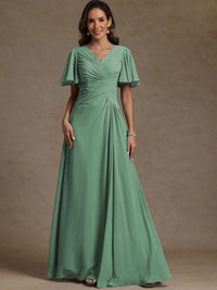A-Line/Princess V-Neck Flying Sleeves Floor-Length Mother of the Bride Dresses with Pleats
